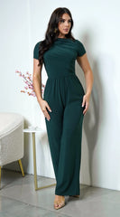 Ruba Cowl Tunic Neck Short Sleeve Wide Leg Jumpsuit Green
