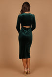 Lisse Twist Front Long Sleeve Velvet Midi Dress Emerald