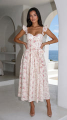 Florienne Floral Corset Flutter Midi Dress Ivory