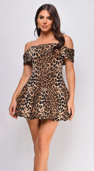 Mayana Leopard Print Off Shoulder Mini Dress Brown