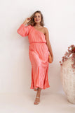 Pontee One Shoulder Pleated Midi Dress Coral