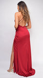 Saba Red Burgundy Cowl Criss Cross Slit Satin Gown