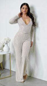 Elektra V Neck Pearl Sequin Jumpsuit Cream