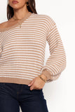 Becca Crewneck Waffle Stitch Stripe Knit Sweater Tan