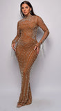 Emiliana Rhinestone Pearl Maxi Dress Brown