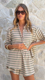 Tali Button Up Shirt and Shorts Set Beige Green Stripe