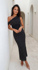 Moneté Polka Dot One Shoulder Maxi Dress Black