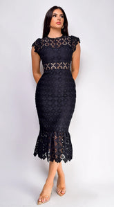 Phoebe Eyelet Lace Ruffle Midi Dress Black
