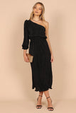 Pontee One Shoulder Pleated Midi Dress Black