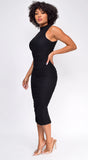 Delina High Neck Ruched Midi Dress Black