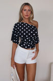 Marrakech Moments Cinched Waist Top Black White Polka Dot