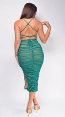 Keilana Mesh Ruched Midi Dress Green