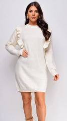 Juno Long Sleeve Ruffle Detail Sweater Mini Dress Ivory