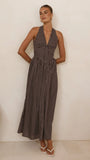 Rachel Tie Back Maxi Dress Chocolate White Spot
