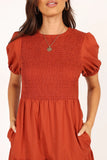 Naura Shirred Tiered Midi Dress Rust