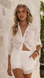 Zeta Button Up Long Sleeve Shirt and Shorts Set White Lace
