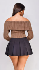 Moxie Off Shoulder Zip Up Sweater Top Brown