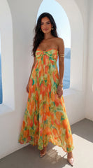 Nayira Floral Pleated Strapless Maxi Dress Orange Multi