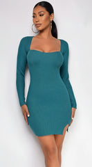 Arsenie Long Sleeve Sweater Ribbed Side Slit Mini Dress Green