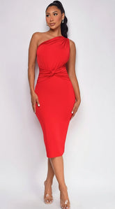 Nat One Shoulder Front Knot Midi Dress Red