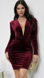 Aless V Neck Front Twist Velvet Mini Dress Burgundy