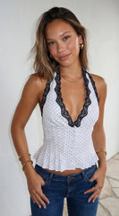 Valette Polka Dot Lace Halter Top White
