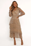 Cybil Pleated Tiered Midi Dress Champagne Gold