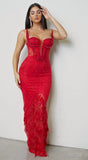 Orlisse Rhinestone Feather Maxi Dress Red