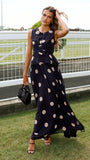 Cambree Peplum Top and Maxi Skirt Set Black Beige Polka Dot