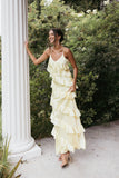 Ciao Ruffles Maxi Satin Dress Pale Yellow