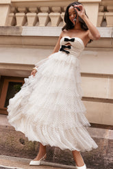Kelari Strapless Midi Dress Cream Polka Dot