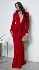 Leilani Metallic Ruched Deep V Maxi Dress Red