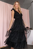Asteria Tulle Tiered Maxi Dress Black Sparkle