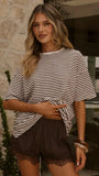 Zaina Stripe T Shirt and Micro Lace Shorts Chocolate White