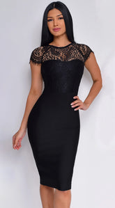 Makenna Lace Cap Sleeve Bandage Dress Black