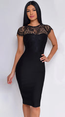 Makenna Lace Cap Sleeve Bandage Dress Black