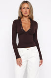 Knew That All Along Lace Trim Long Sleeve Top Chocolate