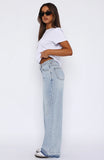 I Dont Need You Mid Rise Wide Leg Jeans Light Blue Wash