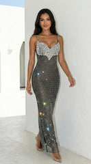 Maravelle Rhinestone Mermaid Maxi Dress Black