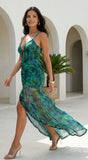 Palmera Tropical Ruched Mesh Maxi Dress Green