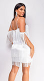 Julie Fringe Off The Shoulder Bandage Dress White