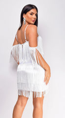 Julie Fringe Off The Shoulder Bandage Dress White