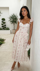 Florienne Floral Corset Flutter Midi Dress Ivory