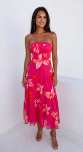 Paradiso Floral Print Midi Dress Pink