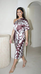 Rhodes One Shoulder Satin Midi Dress Brown Blue