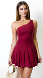 Midnight Hour One Shoulder Pleated Mini Dress Burgundy