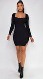 Arsenie Long sleeve Sweater Ribbed Side Slit Mini Dress Black