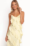 Ciao Ruffles Maxi Satin Dress Pale Yellow