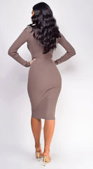 Aura Button Ribbed Midi Dress Beige