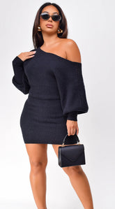 Moscow Off Shoulder Sweater Mini Dress Black